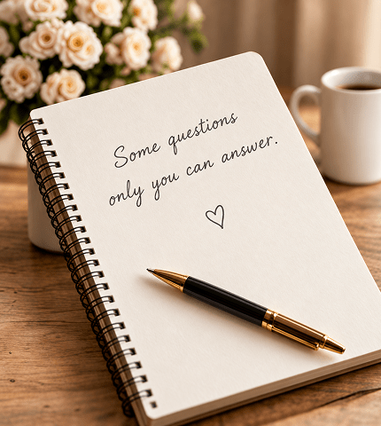 An open notebook with the handwritten line 'Some questions only you can answer.', a pen resting beside it.