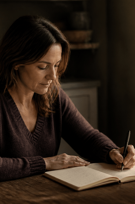 A woman writing by hand in an open notebook at a wooden table.